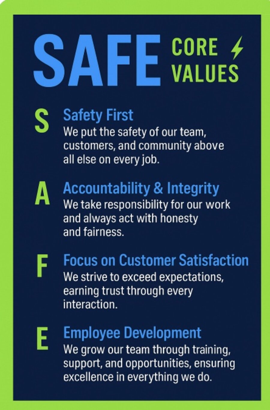 LiveWire SAFE core values — Safety First, Accountability & Integrity, Focus on Customer Satisfaction, Employee Development