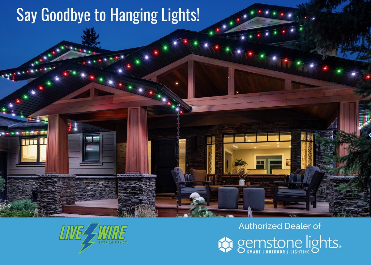 Home with permanent Gemstone roofline lighting in holiday colors — installed by LiveWire in Texarkana
